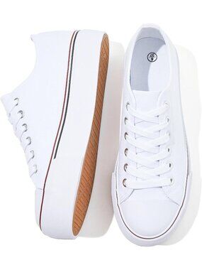 Women's White Platform Sneakers Canvas Shoes Platform Breathable Lace Up Shoes